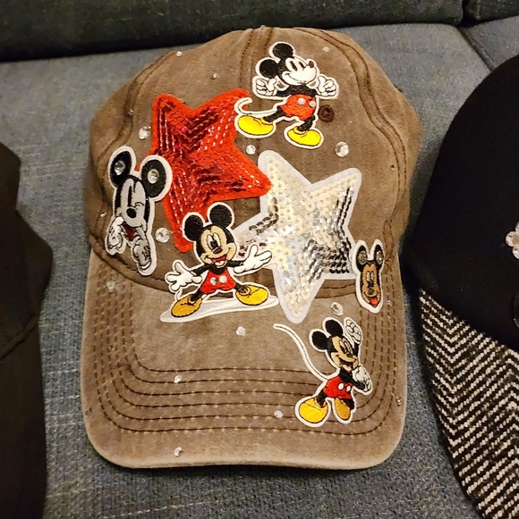 Source Unknown Accessories - Brown Cap with Red + Silver Stars Mickey Mouse Hat, OOAK Upcycled